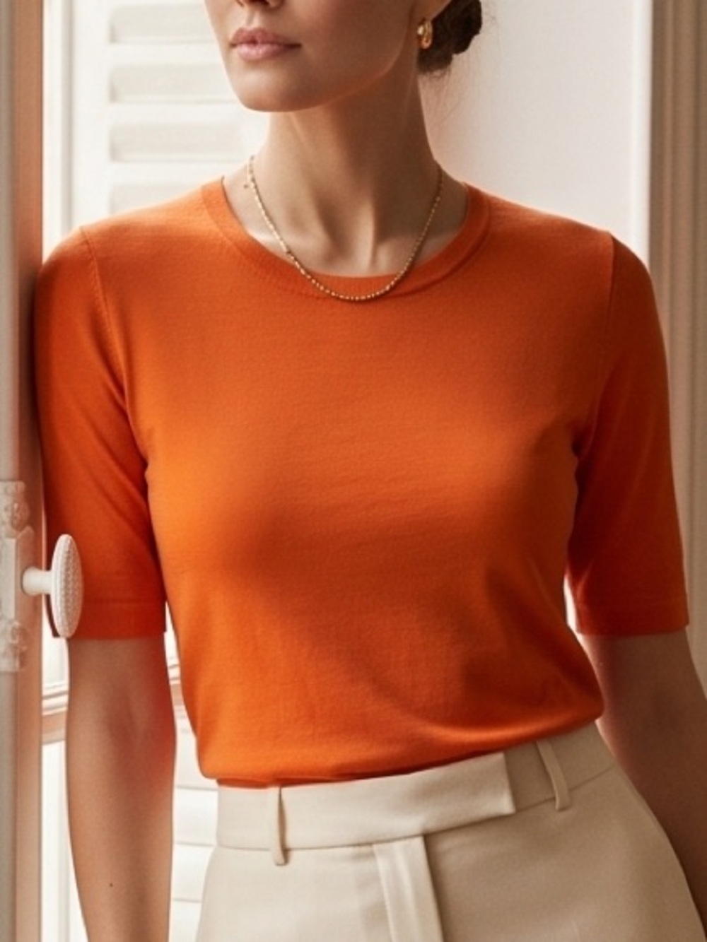 Jaeger - Elegant Short-Sleeve Knit Tee in Orange Autumn Ready Chic Classic Easy